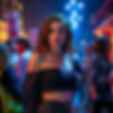 Emily showcasing her striking outfit at a social gathering, attracting attention from onlookers