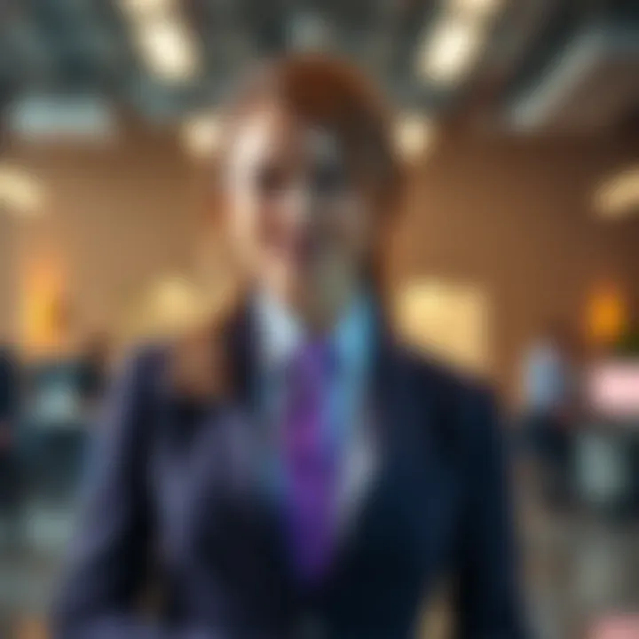Emily stands confidently in a business setting, symbolizing her new role as CEO of Twitch with a determined expression and professional attire.