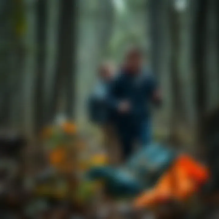 Emily and Matt looking surprised while exploring a wooded area, with a backpack and a hidden bag nearby.