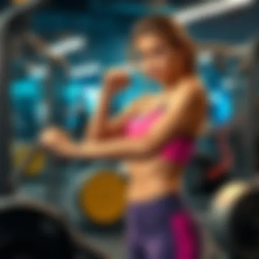Emily is depicted in a dynamic workout pose, showcasing her strength and determination while exercising, surrounded by fitness equipment.