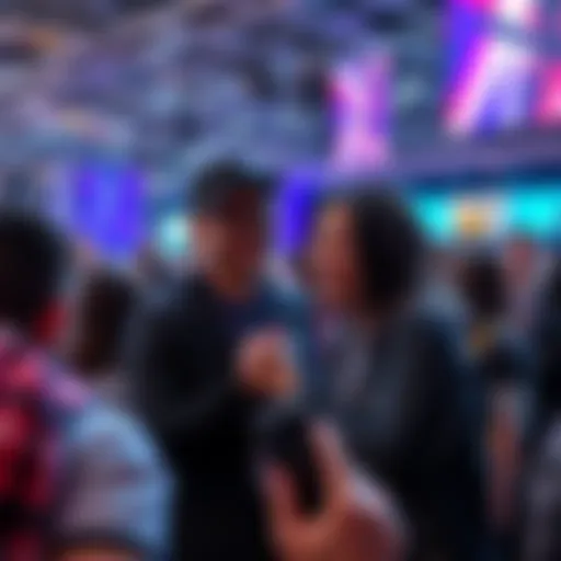 Content creator Emiru smiling and interacting with fans at Twitchcon Meet & Greet, surrounded by a crowd of excited attendees.