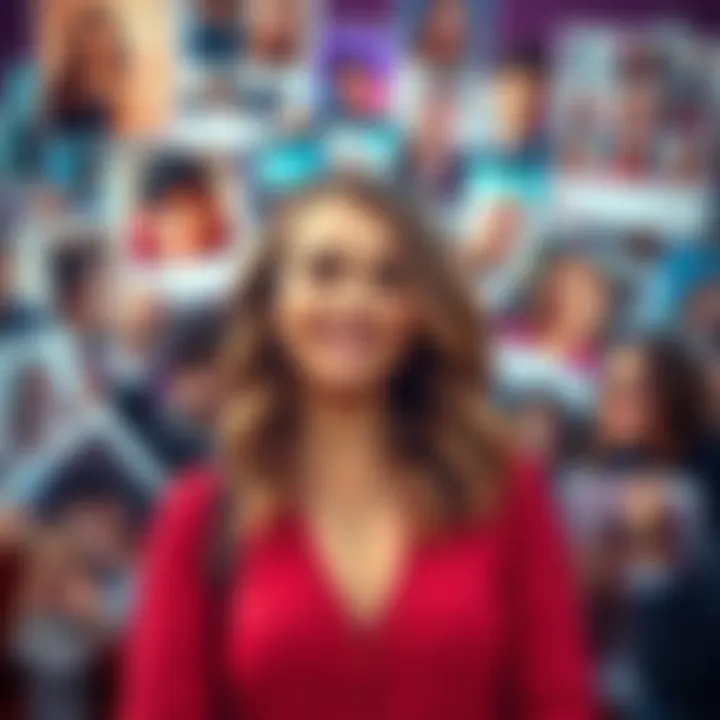 Emma posing for a photo with a confident smile, surrounded by her social media posts and followers looking at her with mixed expressions, capturing the controversy around her persona.