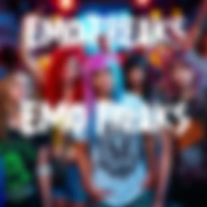 A group of young people in Emo fashion, showcasing colorful hair, band shirts, and accessories at a music event.