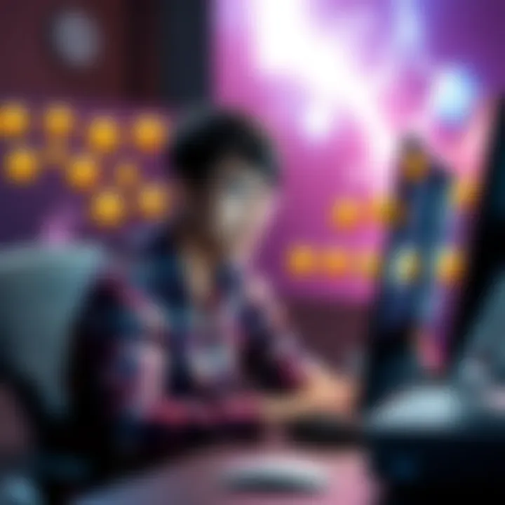 A person sitting in front of a computer looking frustrated while trying to post a message, with various emojis displayed on the screen