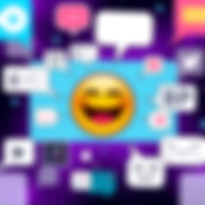 A graphic showing the popular emote face with a laughing expression, surrounded by speech bubbles depicting online interactions and memes.