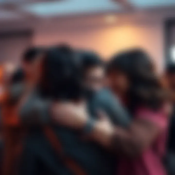 A group of people sharing a heartfelt hug, visibly moved by a touching experience, with tears in their eyes.