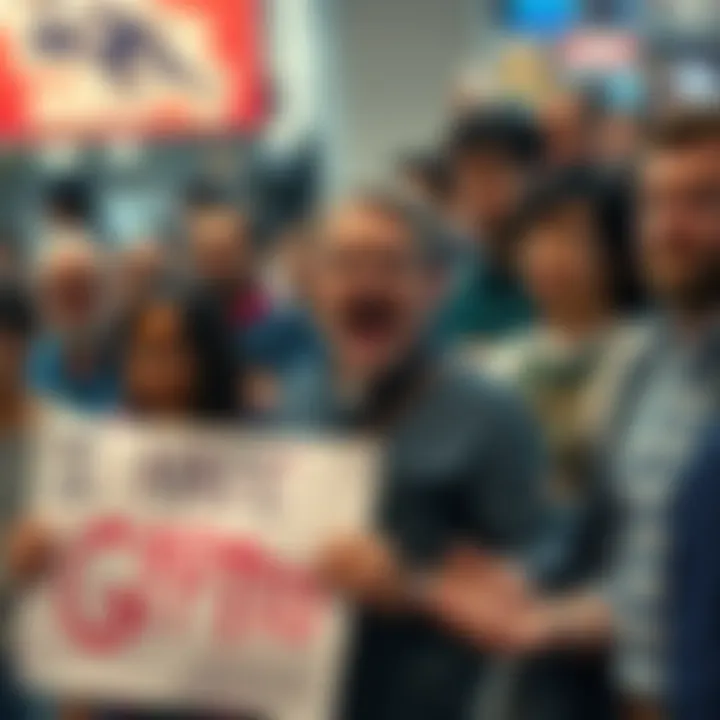 A person expressing frustration, holding a sign that says 'I Hate Geppetto' in a crowded space, showing mixed emotions among a group of people.