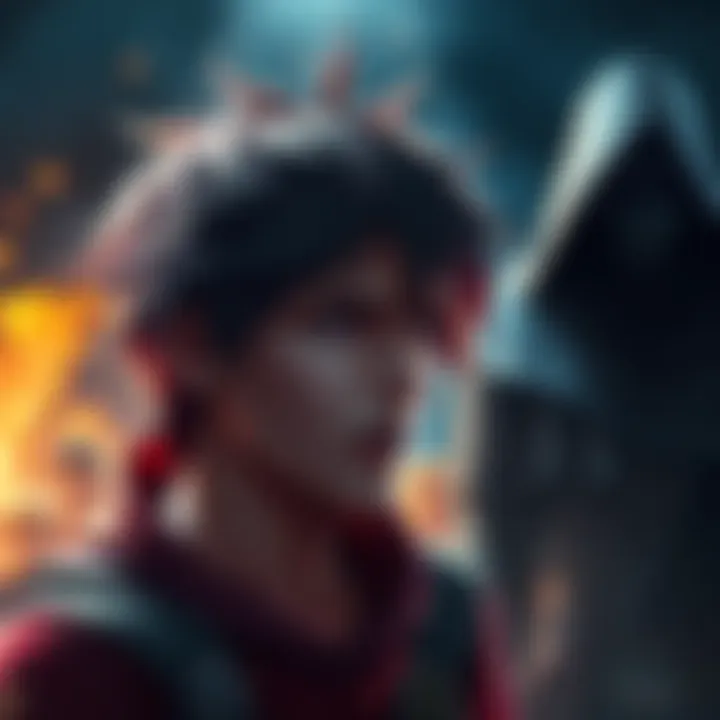 A character in distress after a battle, showing tears and strong emotions, with a shadowy figure hinting at a surprising twist nearby.