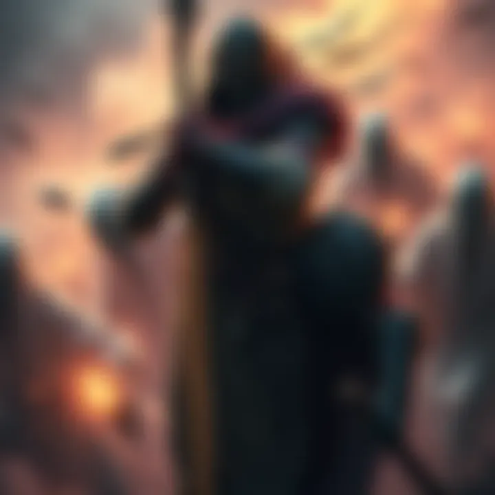 Emotional Battle Scene A dramatic game scene showing a warrior amidst ghostly figures symbolizing lost souls, depicting a mix of sorrow and valor.