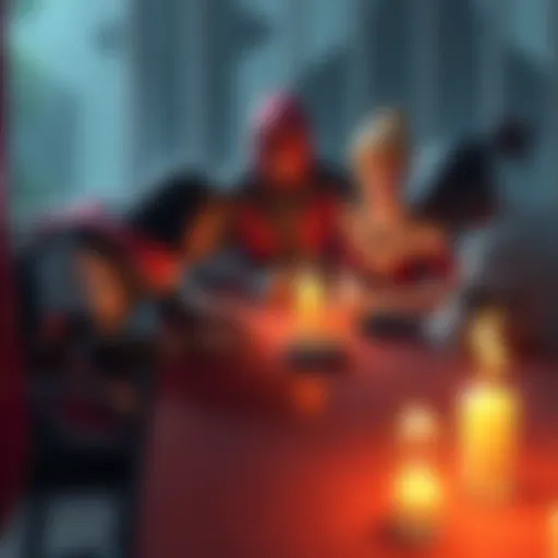 A group of diverse characters gathered around a table, discussing their memories and choices to keep them, showcasing their emotional bonds in a gaming universe.