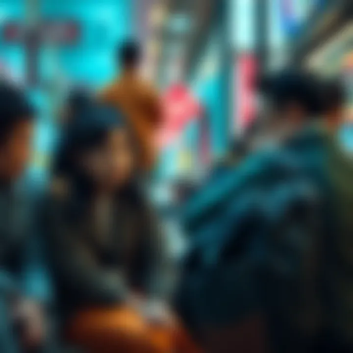 A group of individuals sitting together, looking stressed and overwhelmed in a busy urban setting, symbolizing emotional distress