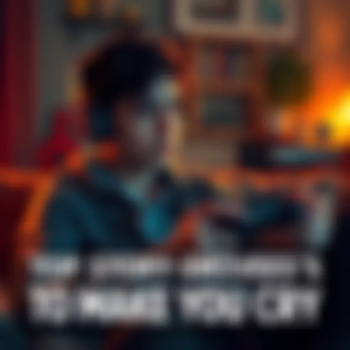 A gamer sitting on the couch, deeply engaged and emotionally affected while playing a narrative-rich video game, with a tear rolling down their cheek