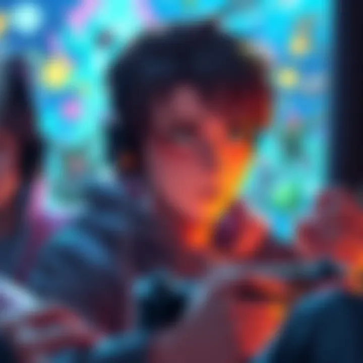 A gamer immersed in a visual novel, experiencing deep emotions from the story, with colorful game art in the background.