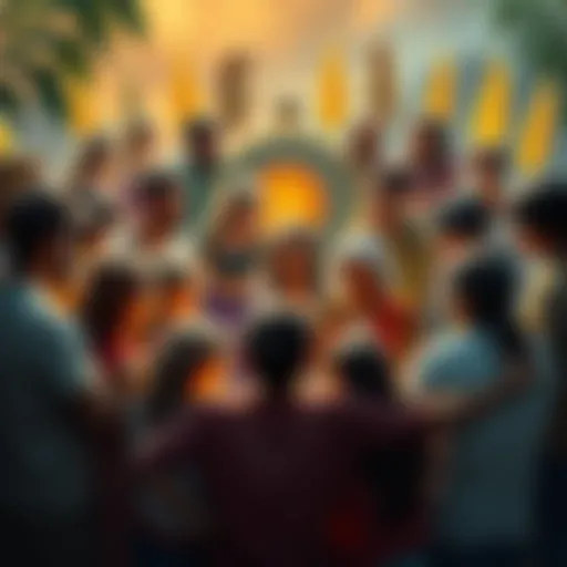A group of diverse people sharing their feelings in a circle, surrounded by mythic symbols and nature, representing emotional support and community