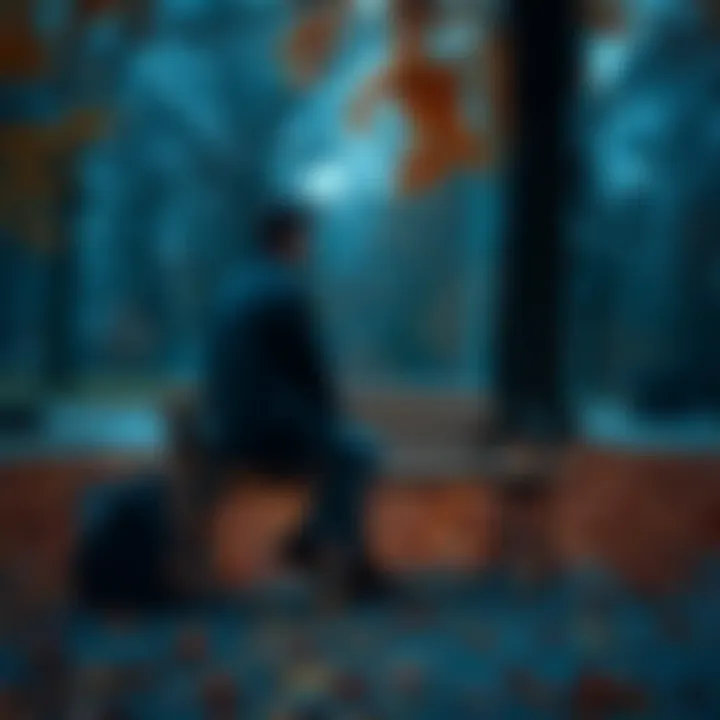 A person sitting alone on a park bench, looking contemplative and sad, surrounded by autumn leaves