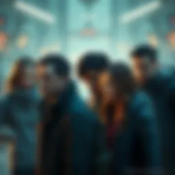 A dramatic scene showing characters facing emotional challenges, hinting at complex relationships and unexpected plot twists, with a futuristic backdrop.