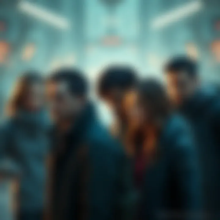 A dramatic scene showing characters facing emotional challenges, hinting at complex relationships and unexpected plot twists, with a futuristic backdrop.