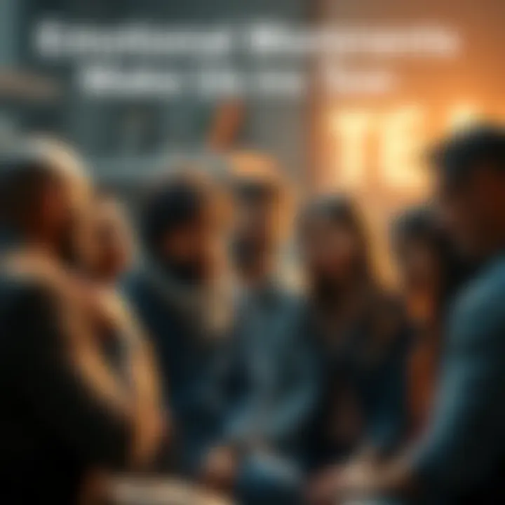 People sharing emotional moments A group of people in an intimate setting, sharing heartfelt stories and tears. Some are embracing while others listen with compassion.
