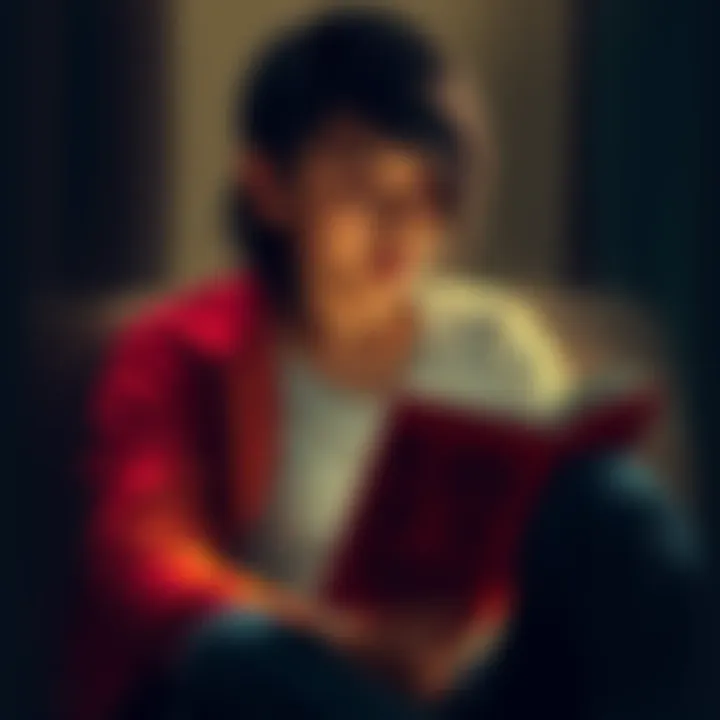 A person sitting with a book titled 'Blood on the Tracks', looking reflective and emotional, with a few tears in their eyes, surrounded by soft lighting.
