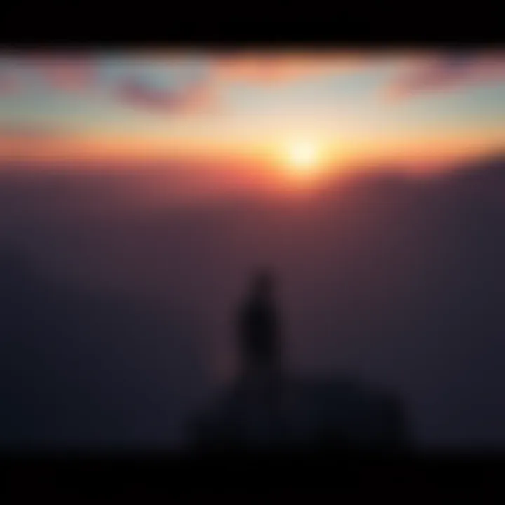 Emotional video game scene A character standing alone on a cliff, looking out at a sunset, symbolizing loss and reflection after a gaming journey