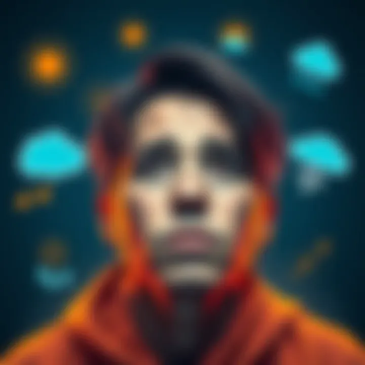 A person looking thoughtful with a mix of emotions on their face, surrounded by symbols representing mood changes, such as sun and rain icons.