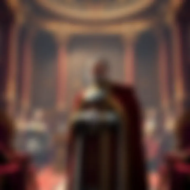 Emperor Calus in Court A regal figure, Emperor Calus, dressed in luxurious robes, stands confidently in a grand throne room surrounded by courtiers, showcasing signs of tension and skepticism among them.