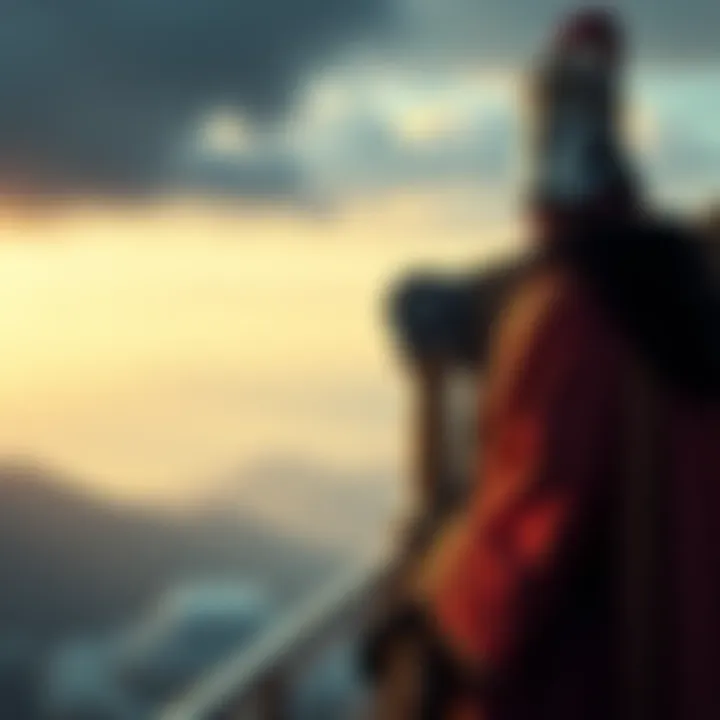The Emperor stands peacefully at the peak of his deck, overlooking a serene landscape, with a calm expression as he seeks tranquility away from his royal duties.