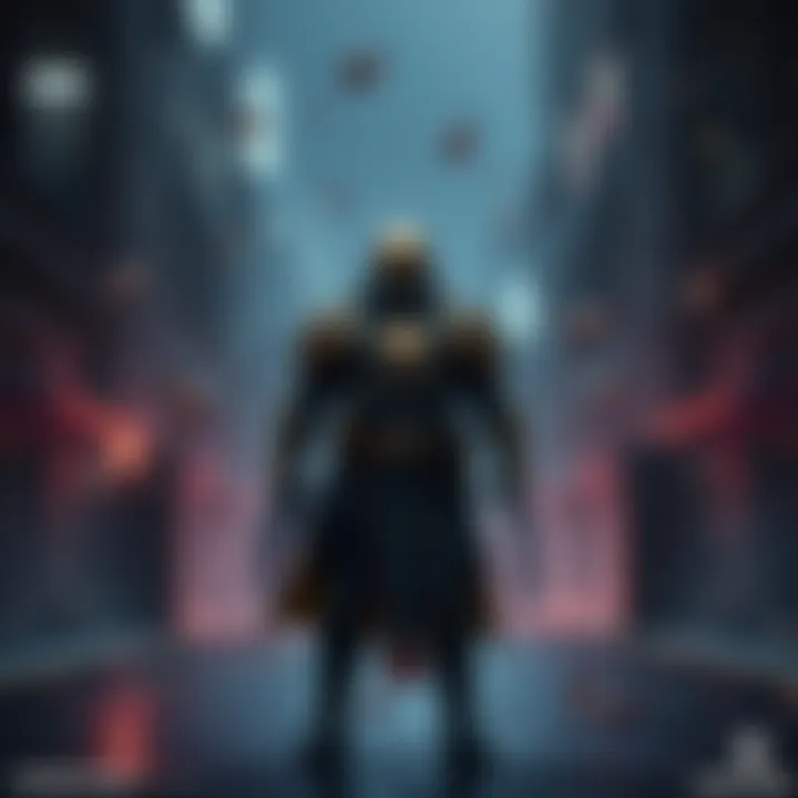 Emperor's Guard gear in the Dark Zone A player character equipped with Emperor's Guard gear standing in the Dark Zone, surrounded by dark urban landscapes and loot drops.