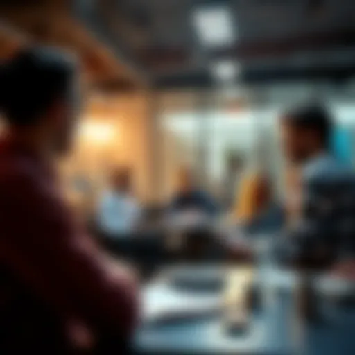 A group of employees in an office meeting discussing the importance of wage increases and fair compensation