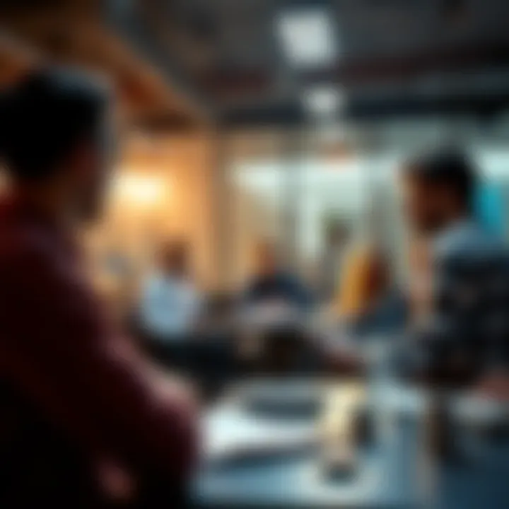 A group of employees in an office meeting discussing the importance of wage increases and fair compensation