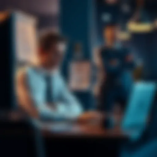 A stressed employee sitting at a desk with a frustrated expression while looking at a tough boss standing nearby with arms crossed