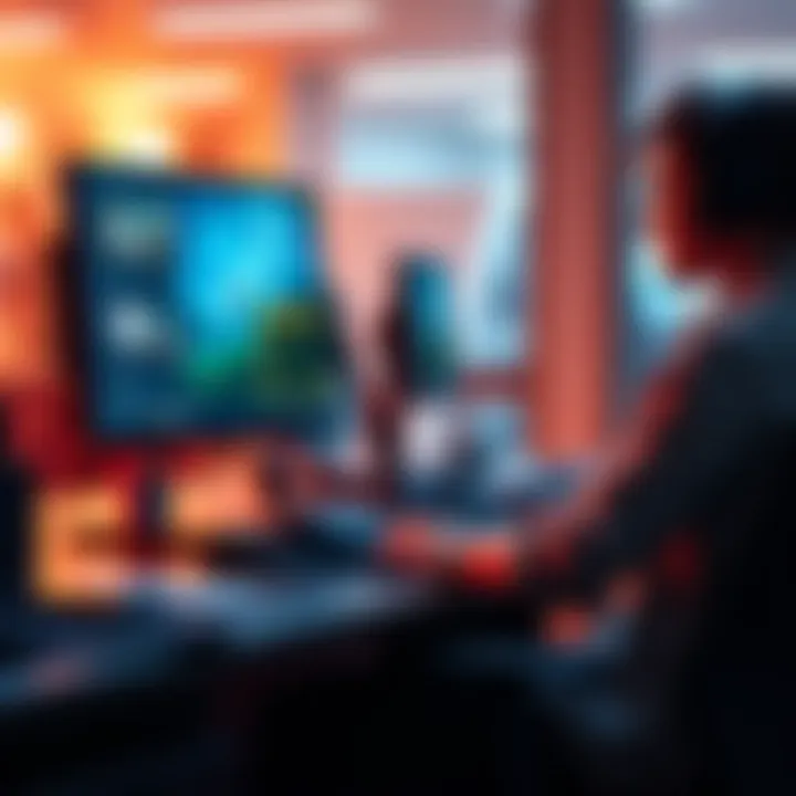 An office employee sits at their desk, playing a video game on a computer, showing mouse movements to coworkers