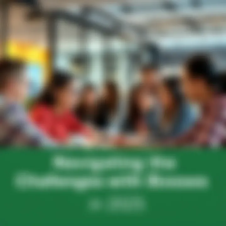 A diverse group of employees engaged in a meeting with their boss, sharing ideas and feedback in a modern office setting