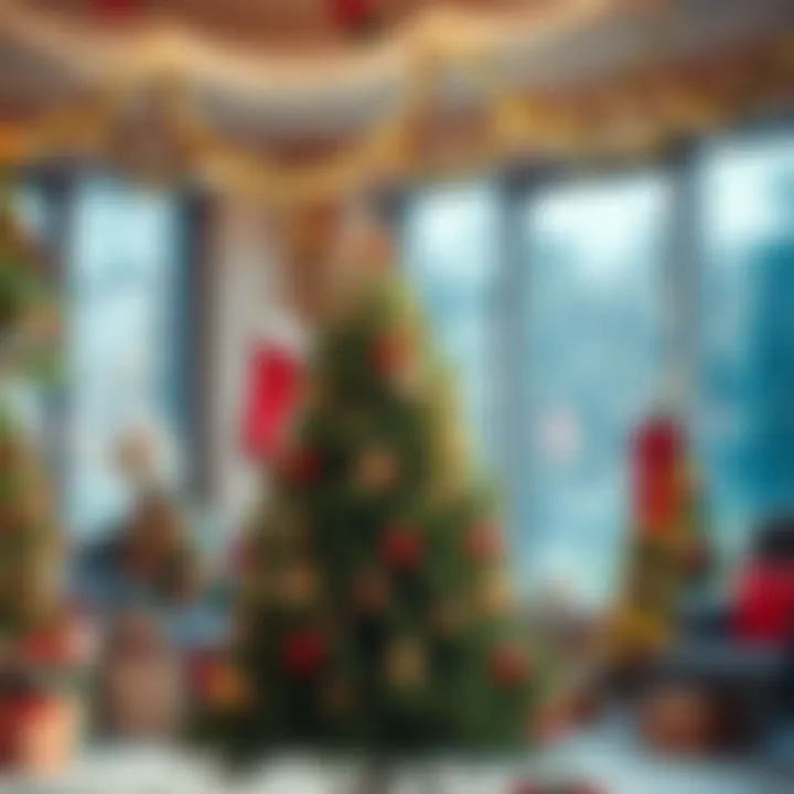 A Christmas tree stands bare without candy decorations, surrounded by festive lights and a backdrop of holiday cheer.