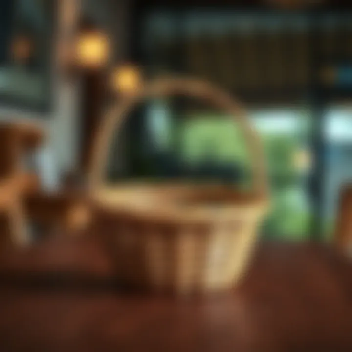 A simple empty handbasket placed on a wooden table, symbolizing emptiness and metaphorical discussions.