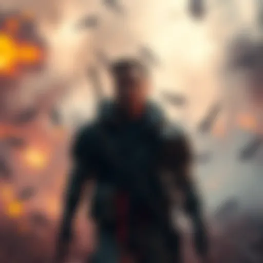 A chaotic battlefield scene with no visible enemies, a player character looks confused and alert, surrounded by smoke and debris.