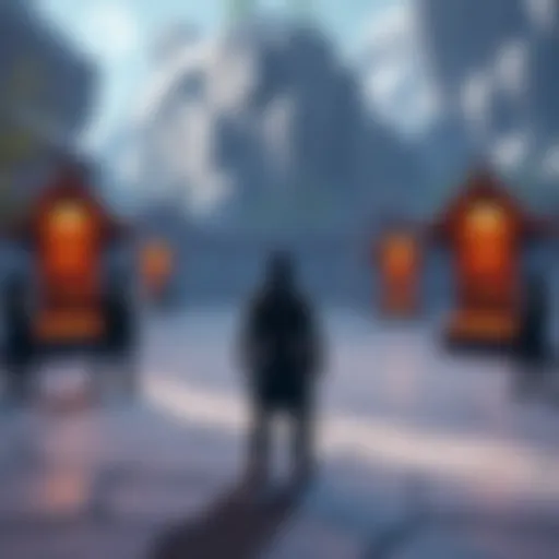 A group of avatars in a virtual game standing around unvisited shrines, showing a lack of player interaction.