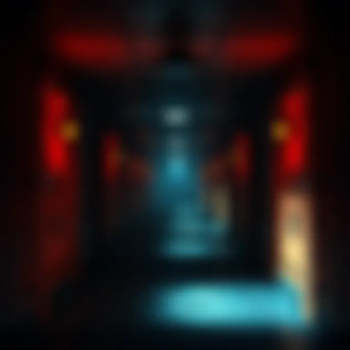 A long, dimly lit hallway with flickering lights and an eerie atmosphere.