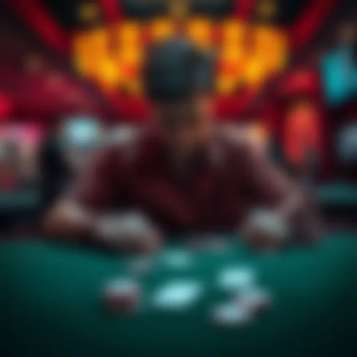 A dejected person sits at a table with empty gambling chips and a lost ticket, staring at the ground.