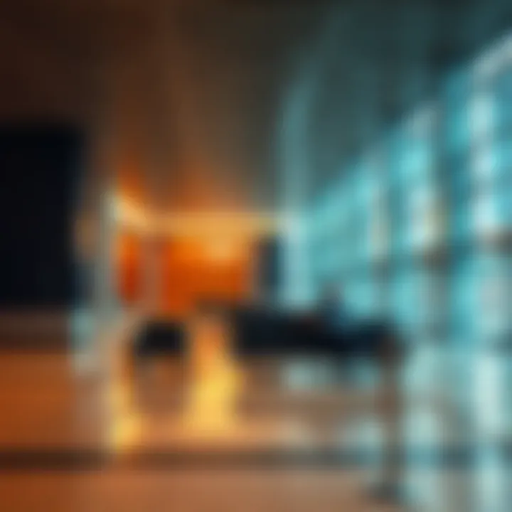 A quiet lobby with a couple of people sitting alone, looking disengaged from each other