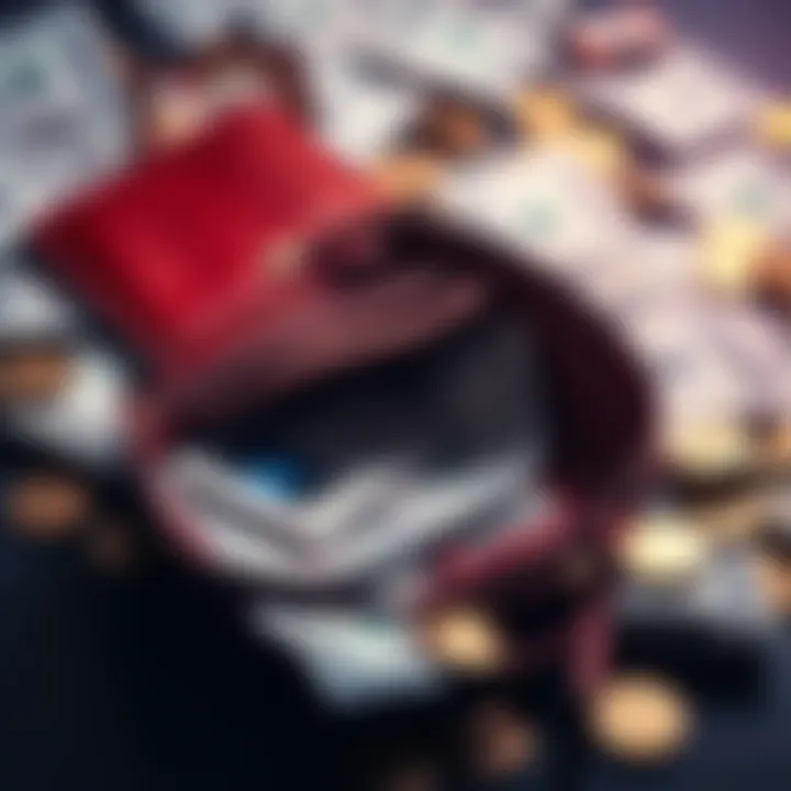 An empty wallet surrounded by scattered bills and coins, symbolizing financial strain