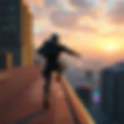 Character with futuristic gear running on rooftops in a vibrant city, showcasing fast-paced action and stylish movement