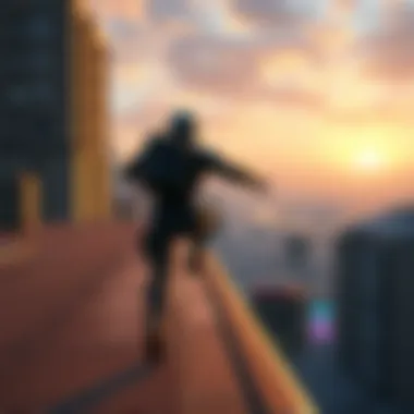 Character with futuristic gear running on rooftops in a vibrant city, showcasing fast-paced action and stylish movement