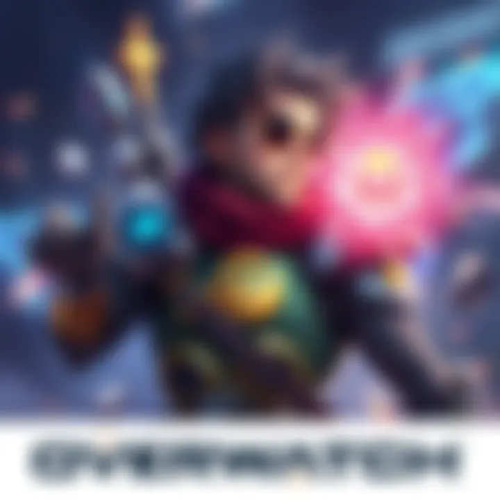 Emre Character Art in Overwatch Art featuring Emre, a character from Overwatch, surrounded by elements representing his role in the game's lore.