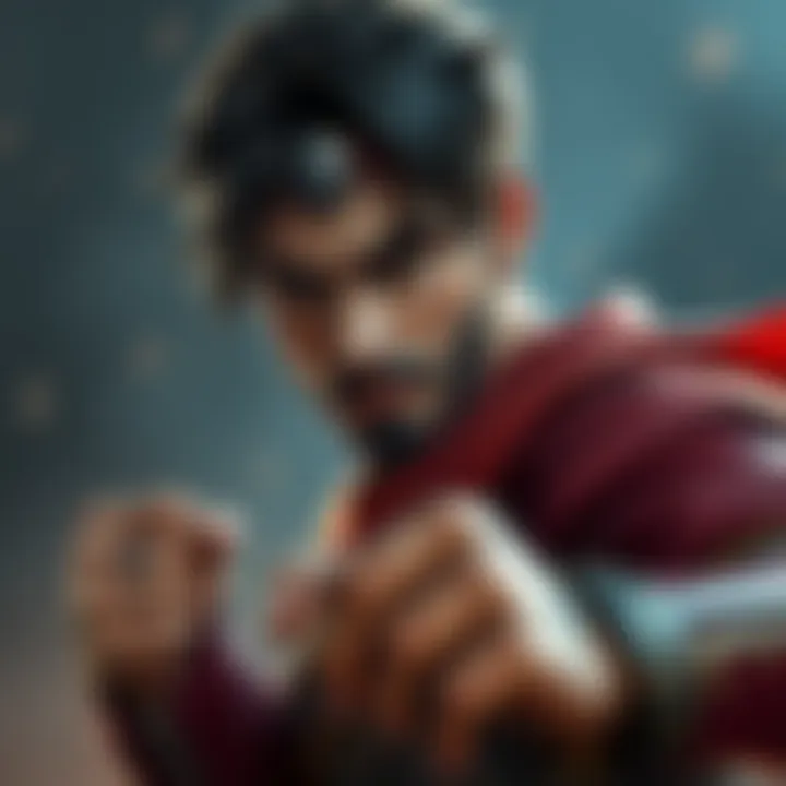 A character named Emre in a combat stance, appearing ready to fight. He shows a serious expression, highlighting his low damage and defensive skills. Players observe and assess his abilities.