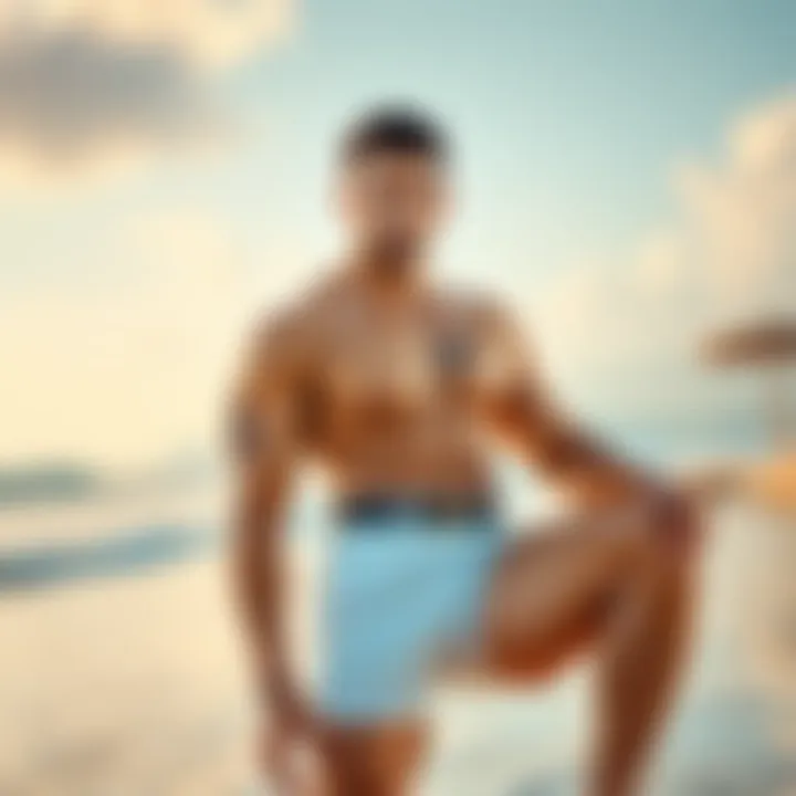 Emre showcasing his six-pack abs in a stylish swimsuit on the beach