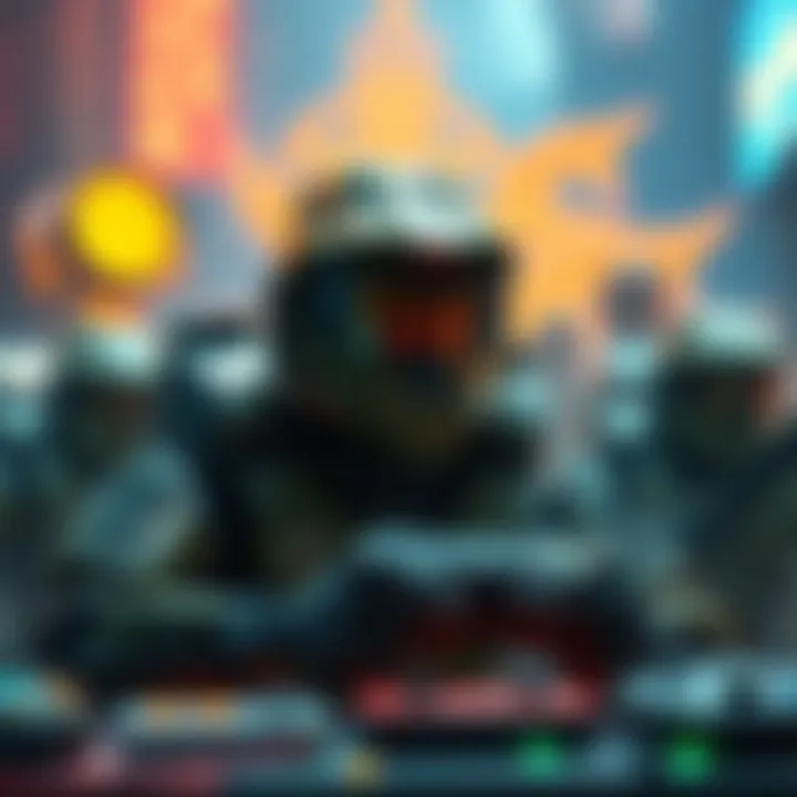 A gamer enjoying Emre's new Halo-inspired game, surrounded by iconic elements from the classic series.