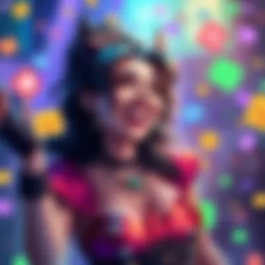 Enchantress character smiling and celebrating, surrounded by colorful chat icons and voicelines in a vibrant setting.