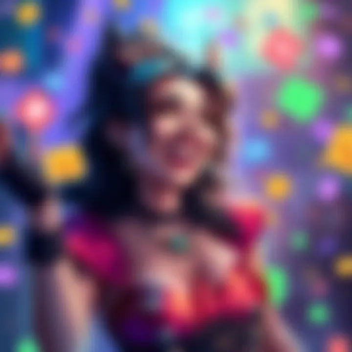 Enchantress character smiling and celebrating, surrounded by colorful chat icons and voicelines in a vibrant setting.