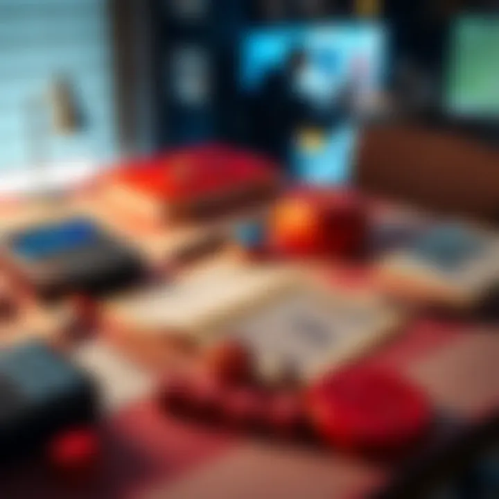 A tabletop gaming scene with dice, character sheets, and encounter calculator tools spread out on a table, showing preparation for a session